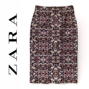 Zara Women's Black/Tan Floral Patterned Pencil Skirt - Side Zip Bohemian
